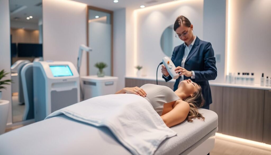 A serene and professional laser hair removal treatment scene set in a modern clinic. In the foreground, a calm female patient in modest casual clothing lies comfortably on a treatment table, a trained technician in professional attire stands beside her, operating a sleek laser device. The middle ground features advanced laser technology and skincare products neatly organized on a counter, emphasizing cleanliness and professionalism. The background showcases a soothing environment with soft, ambient lighting and contemporary decor. The overall mood is tranquil and reassuring, reflecting the efficacy and comfort of the treatment, while the cool tones of blue and white suggest a clinical yet welcoming atmosphere. Capture the precision of the process while ensuring the subjects appear relaxed and confident.