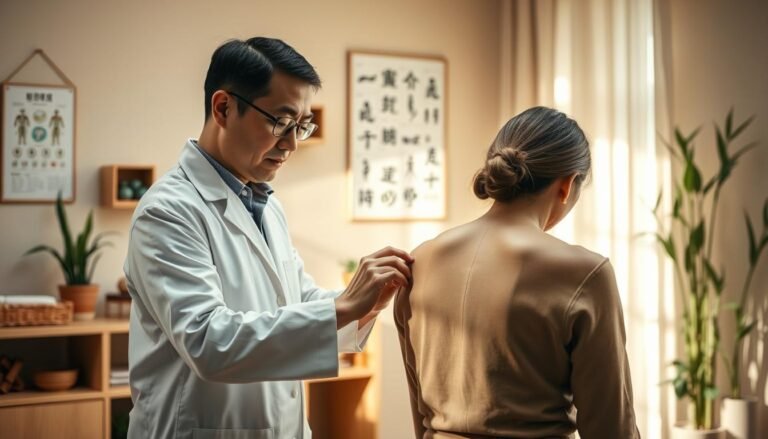 A serene clinic scene representing "Sha Tin Chinese Medicine" with a focus on structural balance and pain relief. In the foreground, a professional-looking acupuncturist, dressed in a crisp white coat, is gently placing acupuncture needles on a patient’s back, who is wearing a casual yet modest outfit. The middle ground features traditional Chinese medicine elements like herbal remedies, acupuncture charts, and calming decor such as bamboo plants and soft lighting. In the background, a soothing color palette with warm beige and green hues enhances the atmosphere of healing and tranquility. Soft natural light filters through the window, casting gentle shadows, creating an inviting and calming environment, emphasizing the theme of restoration and stability in musculoskeletal health.