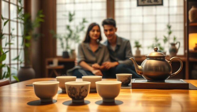 A serene teahouse scene emphasizing the concept and importance of fixed-point tea. In the foreground, a beautifully arranged traditional tea set sits on a wooden table, with delicate porcelain cups and an elegant teapot steaming gently. The middle ground features a couple in modest casual clothing, enjoying a tranquil moment, their faces reflecting relaxation and appreciation for the tea's aroma. The background reveals a softly lit space adorned with bamboo plants, gentle hues of green, and subtle decorative elements that convey harmony and balance. The warm lighting casts a soft glow, enhancing the cozy, intimate atmosphere, evoking a sense of ultimate sensory relaxation. The composition should be framed in a 4:3 aspect ratio, with a cinematic depth of field that draws attention to the tea set while slightly blurring the background.