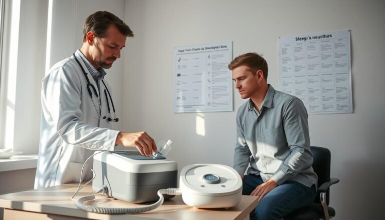 A well-lit medical consultation room featuring a healthcare professional and a patient. The healthcare provider, dressed in professional attire, is reviewing a sleep apnea machine on a desk, demonstrating its components to the attentive patient, who is casually dressed. In the background, a wall chart illustrating the importance of regular check-ups for sleep apnea therapy hangs. Soft, natural light filters in through a window, casting gentle shadows that create a calm and informative atmosphere. The camera angle focuses on the interaction between the provider and patient, emphasizing the significance of ongoing care in sleep therapy.
