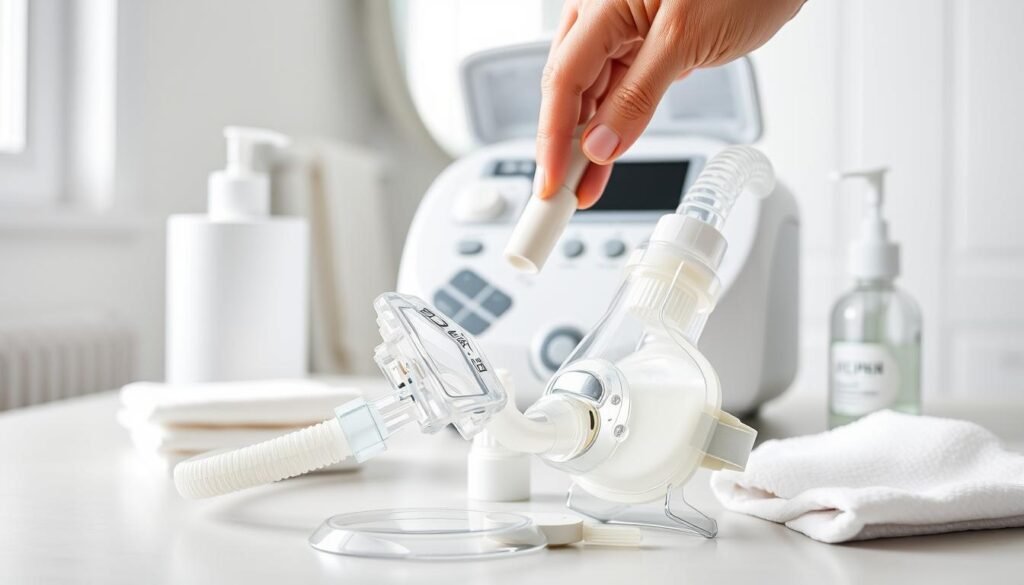 A well-organized workspace featuring a CPAP machine and its cleaning accessories. In the foreground, a pristine CPAP mask is being gently scrubbed with a soft brush and mild soap, demonstrating proper care techniques. The middle layer includes a CPAP device displaying its components, with various cleaning supplies such as wipes and a small bottle of cleaning solution. The background depicts a bright and tidy bathroom or a dedicated cleaning space, with soft natural lighting highlighting the cleanliness. The atmosphere is calm and professional, conveying a sense of hygiene and maintenance responsibility. Ensure the scene emphasizes cleanliness and organization, without any distractions or unnecessary objects.