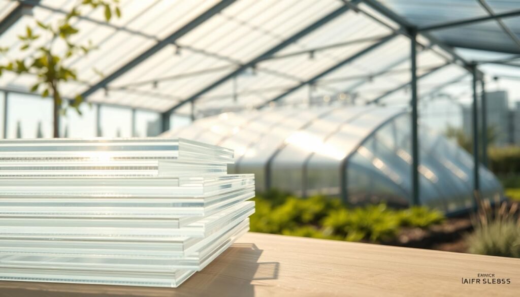 Vividly illustrate a stack of flat, crystal-clear polycarbonate sheets, positioned prominently in the foreground, showcasing their smooth, glossy surface and sunlight filtering through. In the middle ground, depict a well-ventilated modern greenhouse partially covered with these sheets, emphasizing their role in enhancing airflow. In the background, a serene outdoor landscape with soft vegetation adds a touch of natural beauty. Use soft, diffused lighting to create an inviting atmosphere, with a slight emphasis on reflections in the polycarbonate. The angle should be slightly elevated to capture the depth and layering of the sheets and their setting, conveying a sense of innovation and practicality in architectural design for ventilation benefits.