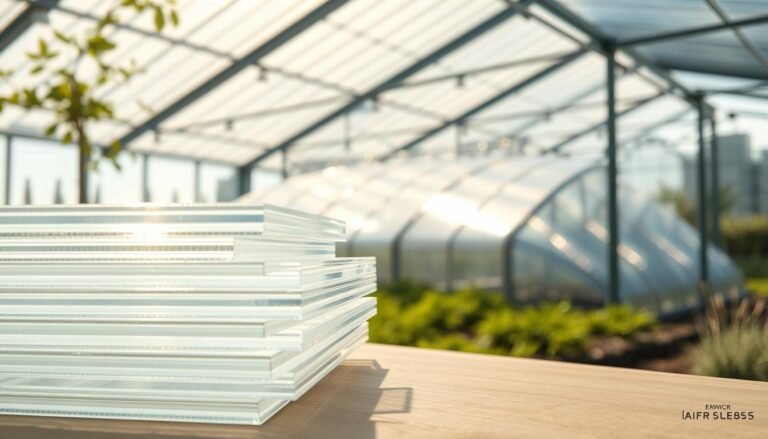 Vividly illustrate a stack of flat, crystal-clear polycarbonate sheets, positioned prominently in the foreground, showcasing their smooth, glossy surface and sunlight filtering through. In the middle ground, depict a well-ventilated modern greenhouse partially covered with these sheets, emphasizing their role in enhancing airflow. In the background, a serene outdoor landscape with soft vegetation adds a touch of natural beauty. Use soft, diffused lighting to create an inviting atmosphere, with a slight emphasis on reflections in the polycarbonate. The angle should be slightly elevated to capture the depth and layering of the sheets and their setting, conveying a sense of innovation and practicality in architectural design for ventilation benefits.