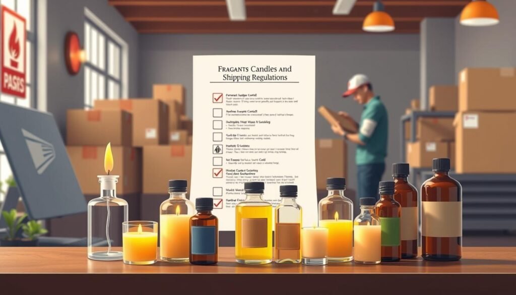 A detailed illustration of fragrant candle and essential oil shipping regulations in the United States. In the foreground, display an array of beautifully crafted aromatic candles and essential oil bottles, arranged neatly on a professional desk. In the middle ground, include a checklist of shipping regulations, featuring icons such as a flame warning symbol and liquid hazard signs. In the background, depict logistics elements like cardboard boxes and a postal worker preparing packages for delivery, illuminated by soft, natural lighting that creates a calm atmosphere. The scene should evoke a sense of professionalism and compliance, showcasing the importance of understanding legal shipping limitations for flammable and liquid items. Use a slightly angled perspective to enhance depth, reflecting a real-world shipping environment.