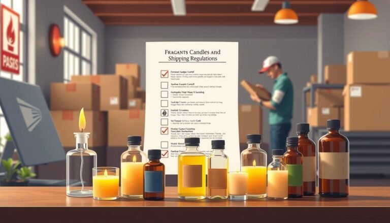 A detailed illustration of fragrant candle and essential oil shipping regulations in the United States. In the foreground, display an array of beautifully crafted aromatic candles and essential oil bottles, arranged neatly on a professional desk. In the middle ground, include a checklist of shipping regulations, featuring icons such as a flame warning symbol and liquid hazard signs. In the background, depict logistics elements like cardboard boxes and a postal worker preparing packages for delivery, illuminated by soft, natural lighting that creates a calm atmosphere. The scene should evoke a sense of professionalism and compliance, showcasing the importance of understanding legal shipping limitations for flammable and liquid items. Use a slightly angled perspective to enhance depth, reflecting a real-world shipping environment.