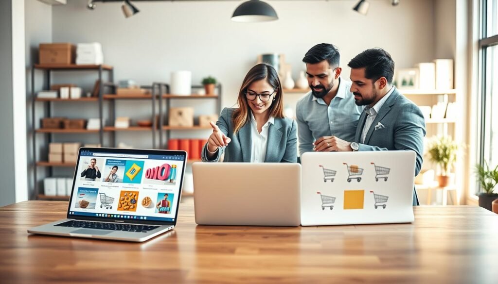 A modern, inviting scene set in a stylish office environment, showcasing a diverse group of three professionals collaborating over a laptop while discussing online shopping platforms. The foreground features a sleek wooden desk with opened laptops displaying shopping websites, colorful product images, and shopping carts. The middle shows the professionals, a woman in smart business attire and two men in professional casual wear, actively exchanging ideas and pointing at the screens. The background is adorned with shelves of imported goods and a large window letting in soft natural light, creating a warm and productive atmosphere. The image should convey a sense of teamwork, trust, and innovation in e-commerce, emphasizing the responsibility and protection of buyer and seller rights.