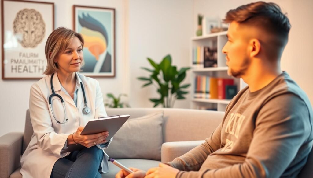 A clinical setting featuring a calm, professional psychiatrist diagnosing and assessing anxiety disorders. In the foreground, the psychiatrist, a middle-aged woman in professional attire, is interacting with a patient, a young adult man in modest casual clothing, sitting on a comfortable couch. The psychiatrist holds a clipboard and pen, displaying a focused yet empathetic expression. In the middle ground, a softly-lit consultation room is visible, adorned with soothing colors and mental health-related artwork, creating a warm and welcoming atmosphere. In the background, shelves filled with psychology books and a plant gently diffuse the light, enhancing the serene and professional mood. The lighting is warm and inviting, with soft shadows that convey a sense of comfort and trust.