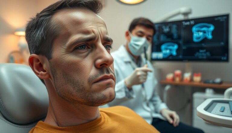 A concerned patient sitting in a dental chair, displaying mild discomfort after a wisdom tooth extraction. The foreground features the patient's face, showing a pensive expression with slight swelling in the jaw area. In the middle, a dental professional in a white coat and mask is examining the patient's mouth, showcasing modern dental tools. The background includes a softly lit dental clinic with calming colors, anatomical models of teeth on display, and a digital screen showing a 3D scan of the patient's jaw. The overall mood is serious yet hopeful, emphasizing the importance of post-operative care and minimizing risks associated with the procedure. The lighting is warm and soothing, enhancing the clinical environment.