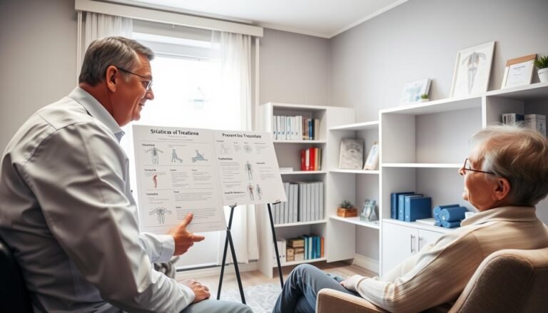 A serene consultation room designed for sciatica treatment, with a focus on prevention of recurring pain. In the foreground, a professional in smart casual clothing, a middle-aged doctor with glasses, is attentively discussing treatment strategies with a patient, who is seated comfortably. The doctor gestures towards a chart outlining preventative exercises and lifestyle adjustments. In the middle ground, a large window allows soft, natural light to illuminate the space, creating a calming atmosphere. In the background, shelves with medical books and diagrams related to sciatica are visible, enhancing the professional setting. The mood is friendly and supportive, inspiring confidence in non-invasive treatment options. The angle is a slightly elevated view to capture both the interaction and the well-organized room, focusing on the importance of ongoing care.