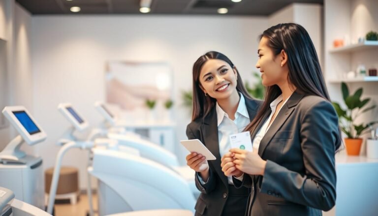 A clean and modern aesthetic view of a skincare clinic interior, focusing on a stylish consultation area designed for hair removal treatments. In the foreground, a friendly, professional-looking staff member in business attire is discussing options with a student, who is holding a student ID card. The middle-ground showcases treatment equipment, such as laser hair removal machines and aesthetic consultation tools, neatly arranged. The background features soothing, tasteful decor, including calming colors and plants to create a welcoming atmosphere. Soft, ambient lighting enhances the serene mood, while a slight depth of field adds focus to the interaction between the staff and the student. Overall, the image conveys a professional yet inviting environment for students seeking hair removal discounts.
